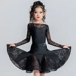 Kids Latin Dance Dress Black Lace Long Sleeves Dress For Girls Dance Clothes Rumba Ballroom Dance Competition Clothing DNV20025