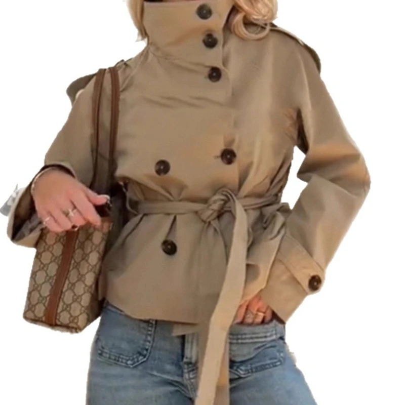 2025 Autumn and Winter Temperament Stand-up Collar with Double-breasted Short Women's Windbreaker Coat