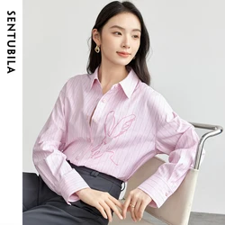 SENTUBILA Cotton Printing Shirts Women 2026 Spring New Striped Comfort Loose Turn Down Collar Long Sleeve Blouses 151C57965