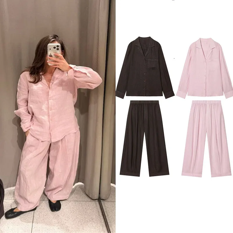 

2026 Women's Fashion Spring Set Two-Piece Long-Sleeve Shirt with Pockets and Lapel Collar Loose Wide-Leg Pants Set