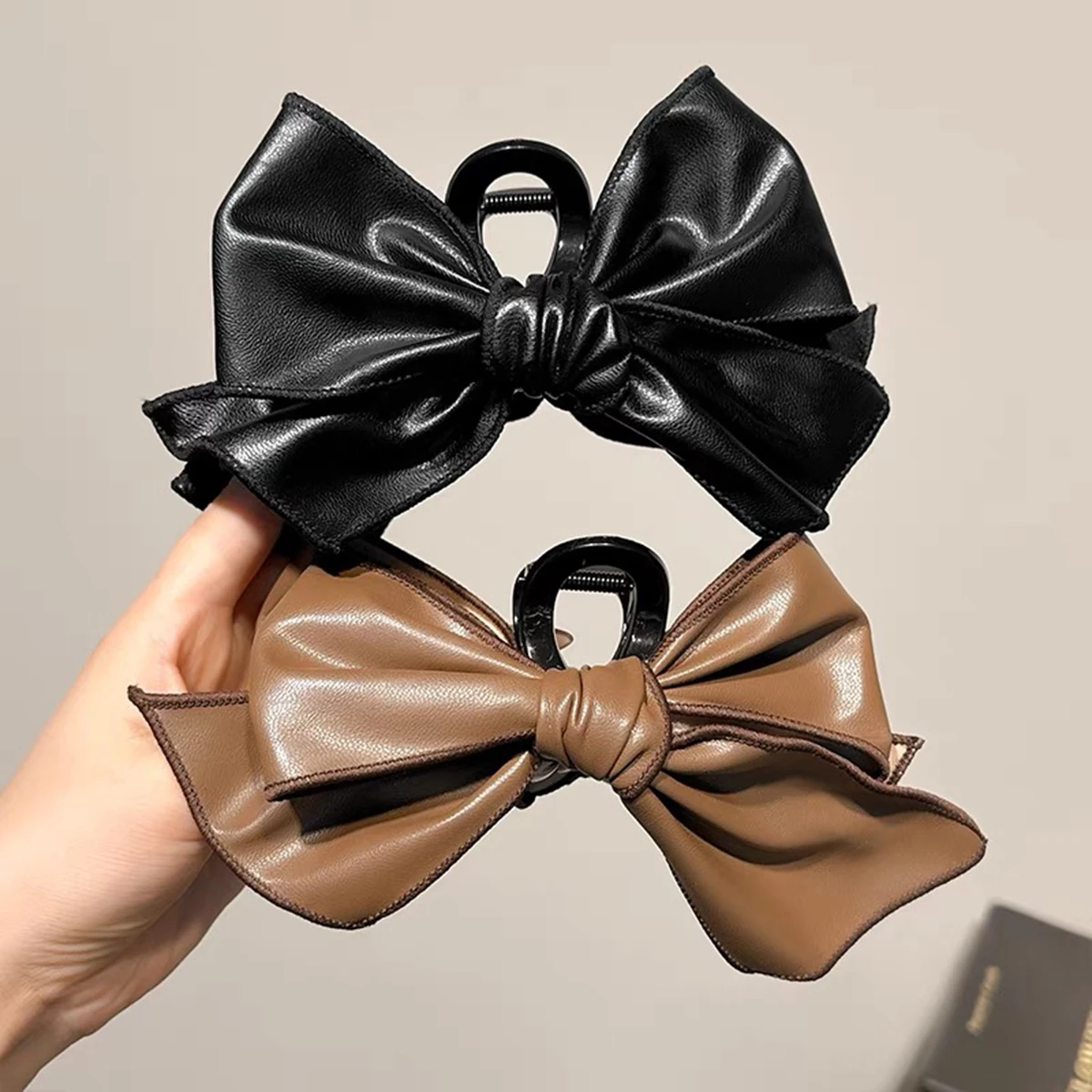 Simple Fashion Black Bow-knot Hair Clip Hair Accessories Ponytail Hairpin PU Big Bows Shark Clip Sweet Grab Clip
