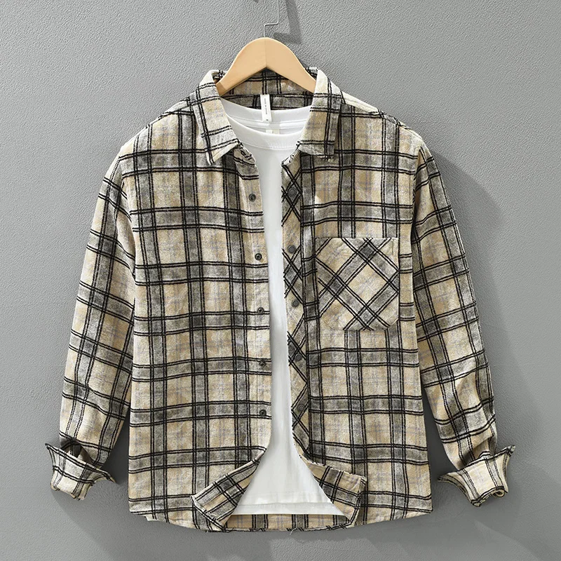 2026 Spring Autumn Winter New Vintage Plaid Loose Thick Brushed Shirt for Men Comfort Cotton Turn-down Collar Male Shirts