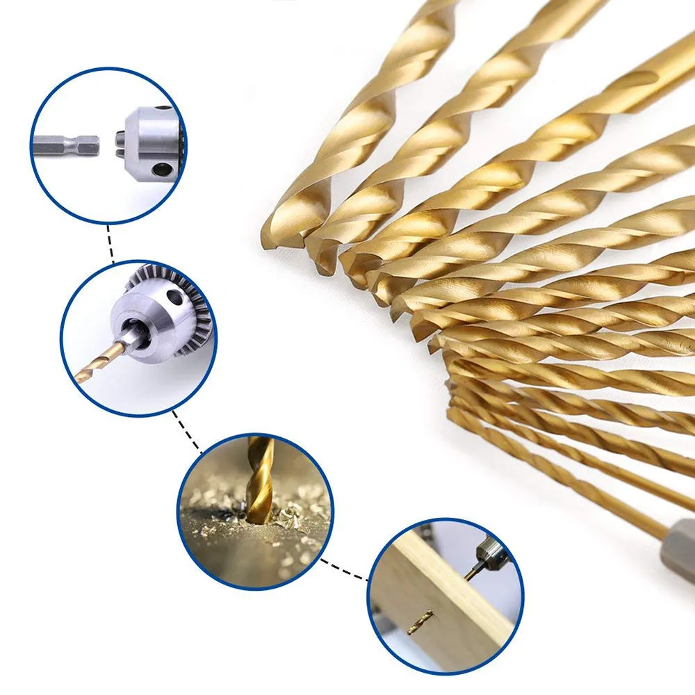 Set di punte da trapano rivestite in titanio in acciaio ad alta velocità HSS di qualità 13 pezzi 1/4 codolo esagonale 1.5mm-6.5mm trapano elicoidale con impugnatura esagonale