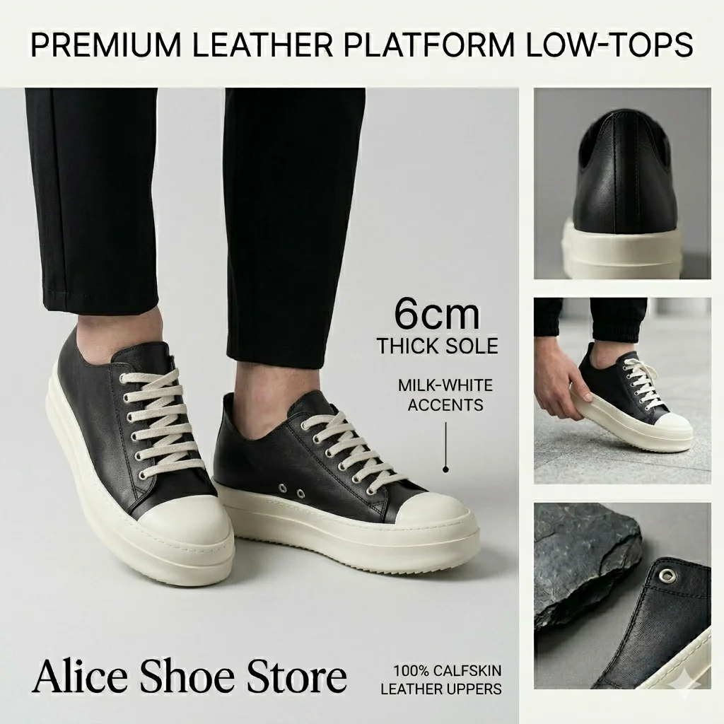 Designer Women's Casual Luxury Black Men's Sneaker Genuine Leather Original Flat Shoe with Platform 6cm High Street Style