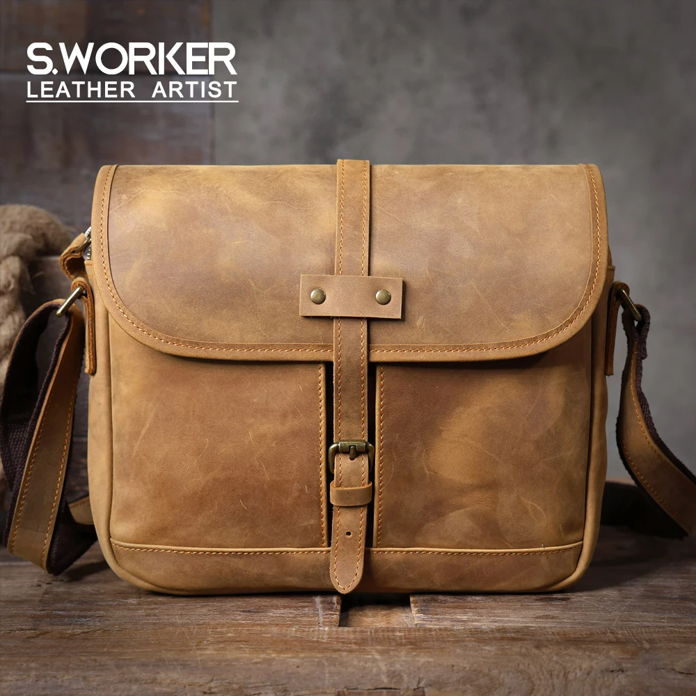 Echte Leder-Umhängetasche 11" Vintage Herren-Umhängetaschen Crazy Horse Leder Schultertasche Rindsleder Retro Mode Casual Pre – Detail 2
