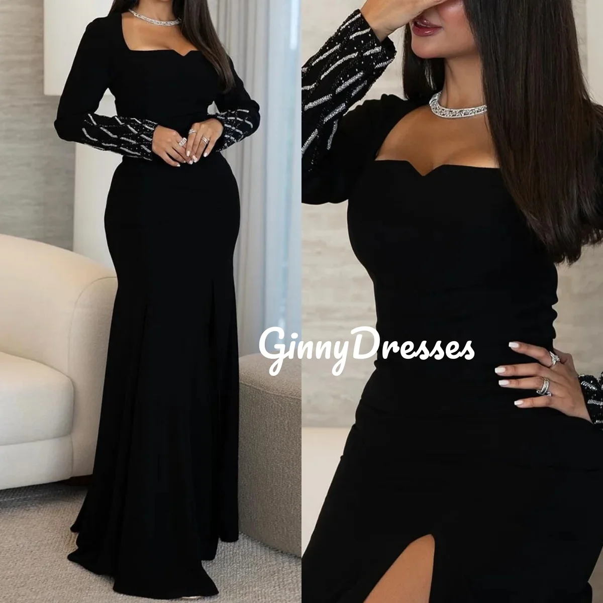 

Dubai Black A-Line Beadings Dress Women Elegant Luxury Square Neckline Floor-Length Prom Dress Women Zipper Up Long Sleeves Vest