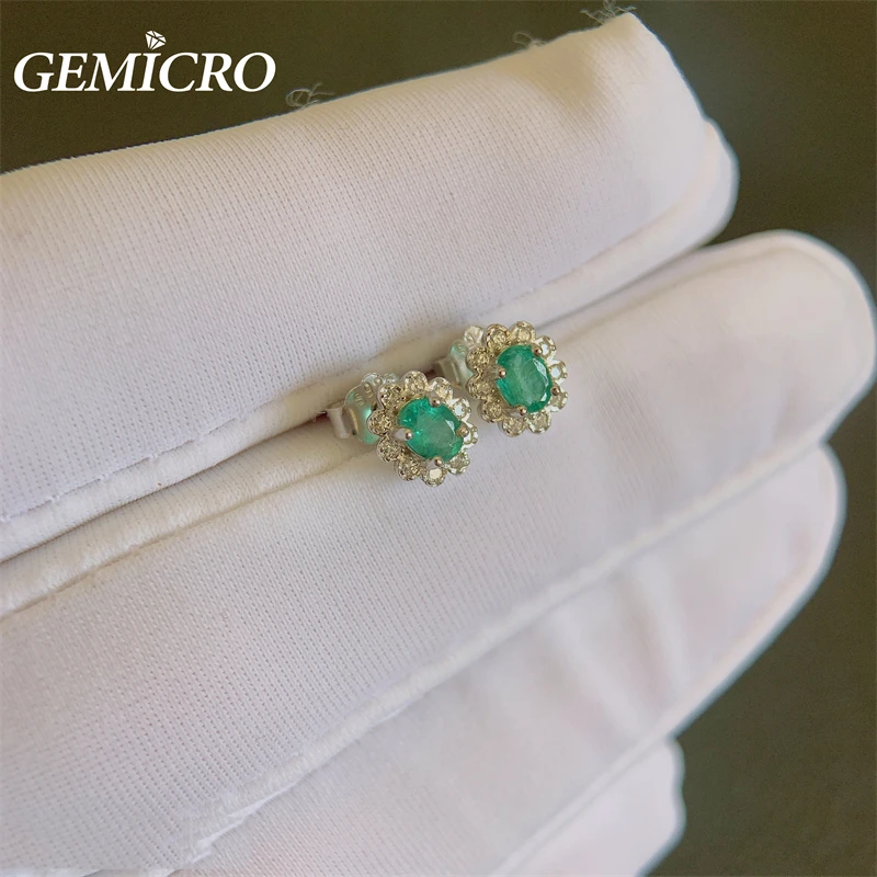 Gemicro 925 Sterling Silver Jewelry with 3*4mm Natural Emerald Stone Earring Studs for Party Gift, Women Romatic and Cute Style