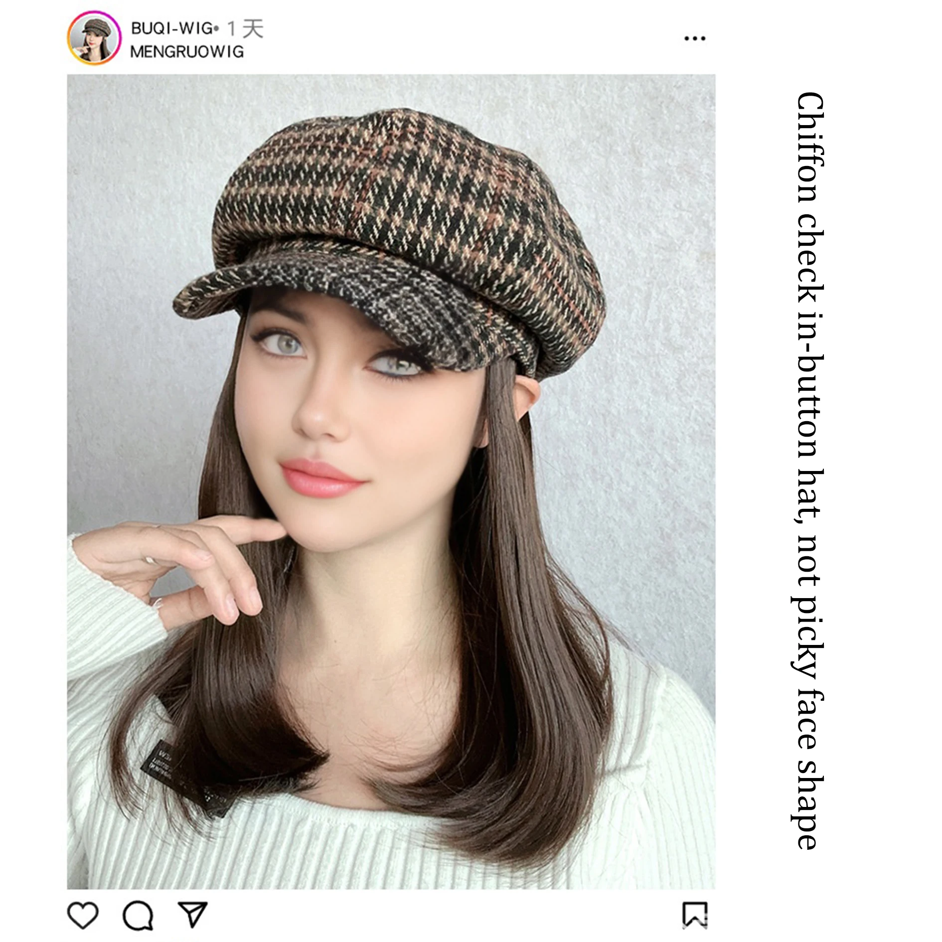 Synthetic cap hair all-in-one female winter tweed kilobird plaid navy cap buckle Korean version of the collarbone hair headgear