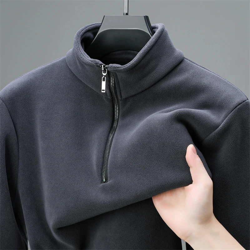 Outdoor Workwear Fleece Lined Half Zip Double Layered Fleece Men's Jacket Warm Base Layer Shirt for Autumn Winter Casual Wear