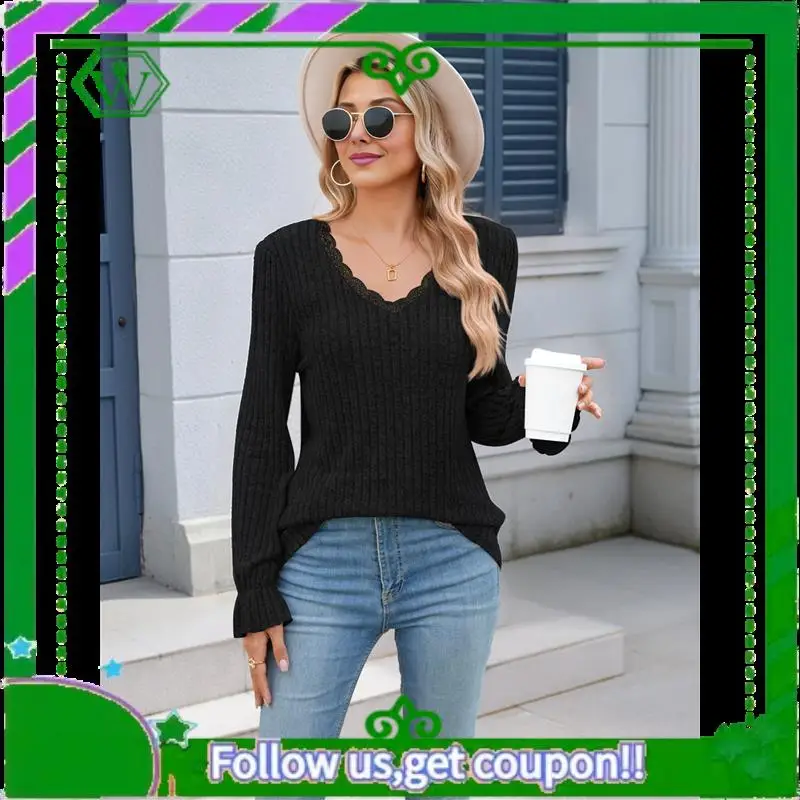 A18P-Long Sleeve Tops For Women Loose Fit Dressy Lace V Neck Casual Trendy Tops To Wear With Leggings Fall Fashion