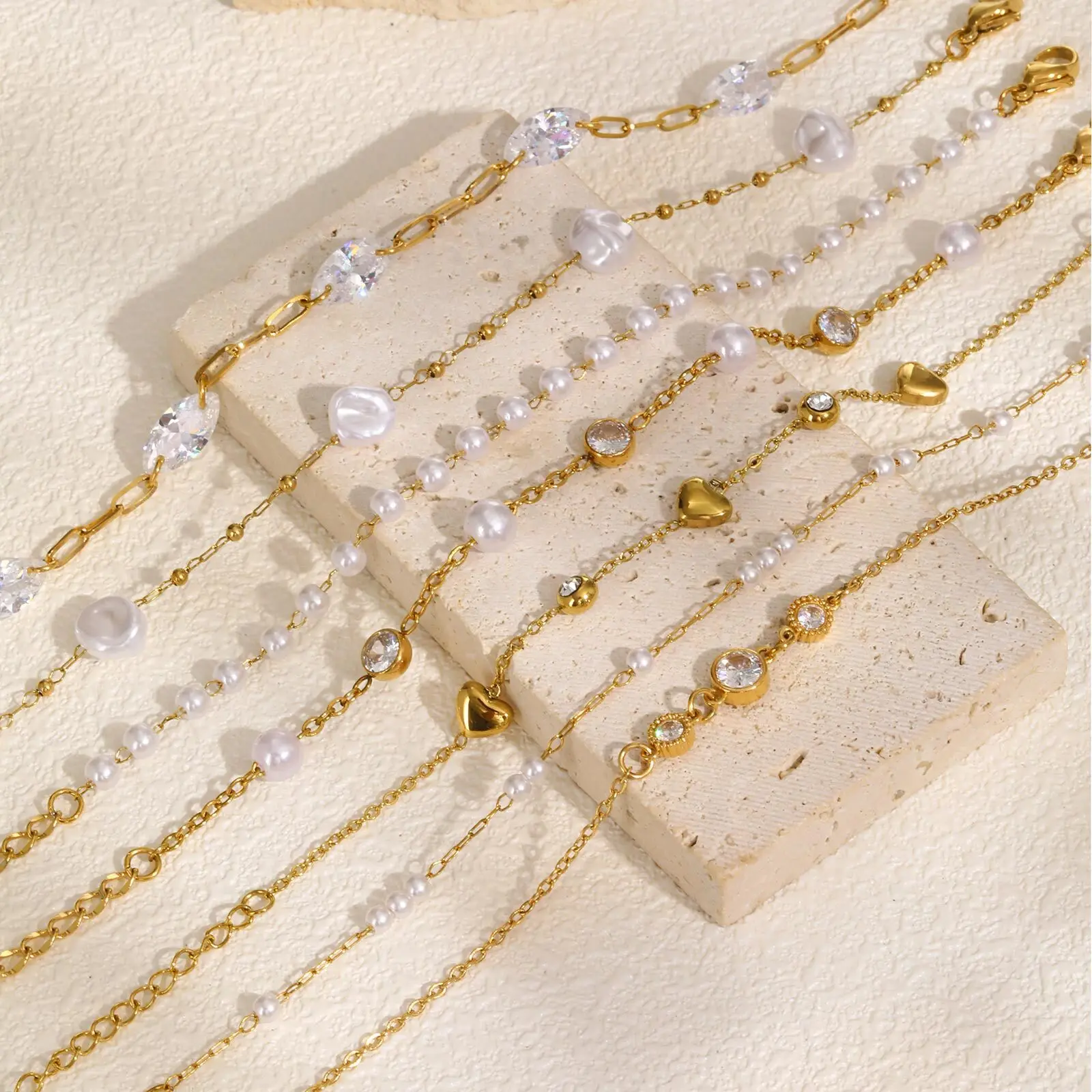 Pearl With Zirconia Beaded Bracelets for Women, Link Chain Bracelet,18k Gold Plated Stack Adjustable Jewelry