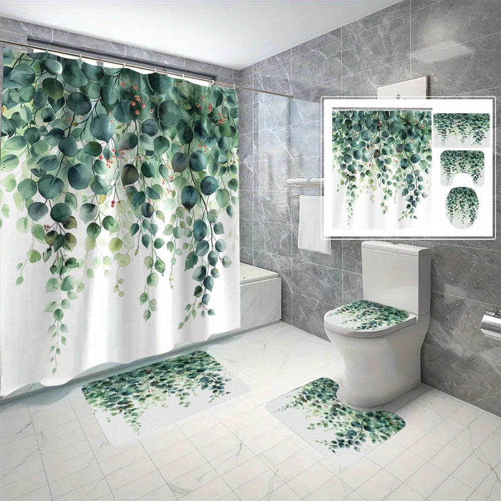 

Набор из 4 полиэстеровых штор для душа — декор для ванной комнаты без сверления с крючками, пишно-зелеными листьями и принтом виноградной лозы, можно стирать в машине