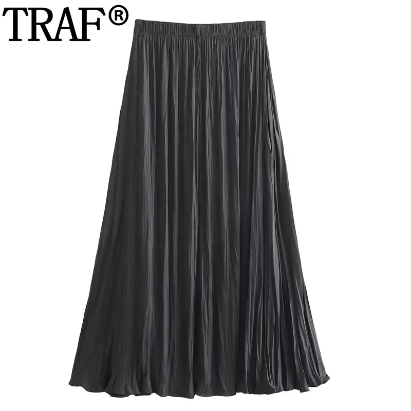 

TRAF Grey Pleated Skirts For Women High Waist Midi Skirt Summer Chic And Elegant Woman Skirt Ruched Loose Women's Long Skirts