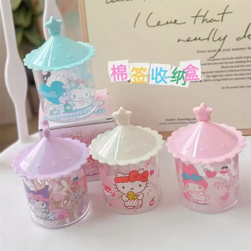 

Sanrio Kuromi Настольный ящик для хранения ватных тампонов Коробка для хранения с крышкой Круглая настольная маленькая коробка Прозрачная коробка для ватных тампонов Трубка