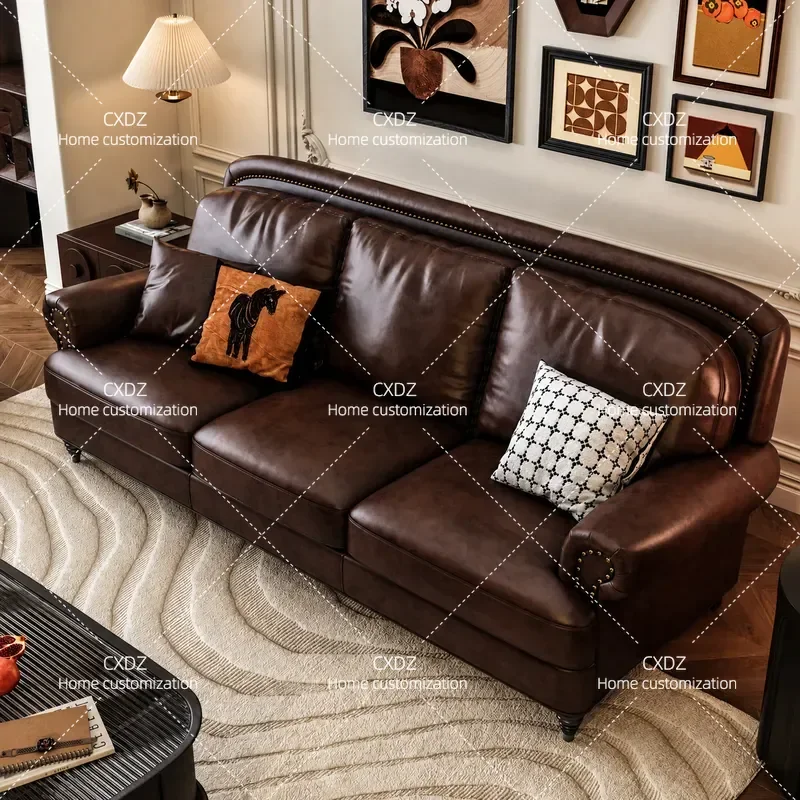American Retro Leather Sofa Straight Row Antique Style Living Room Pull Button First Layer Cowhide Sofa Combination Villa