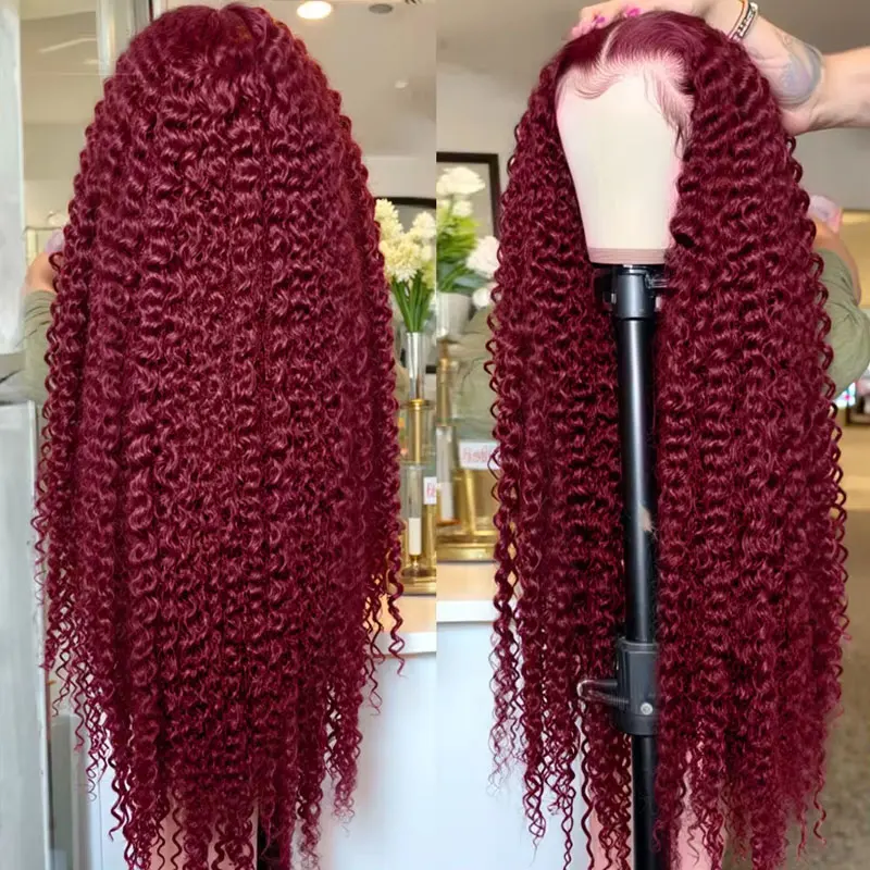 250% 13x4 HD Transparent Deep Wave Frontal Wig Colored 99j Burgundy Deep Curly Lace Front Human Hair Wigs For Women Preplucked