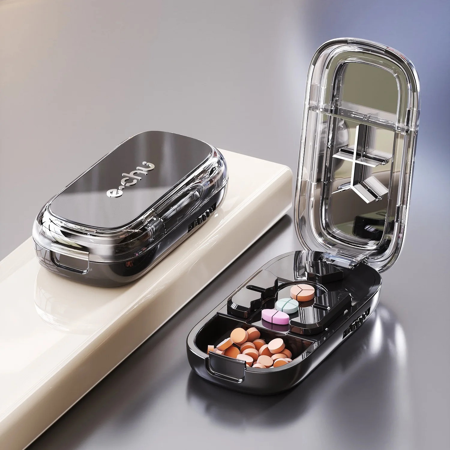 Portable Pill Cutter with Storage Box - Medicine Tablet Crusher Organizer Dustproof 2 3 4 Quartering Dividers for Drug Table