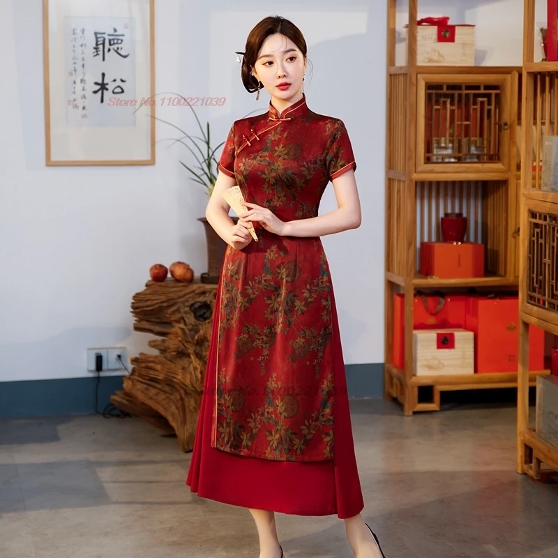 2025 chinese improved qipao flower print a-line dress vintage cheongsam vietnam traditional ao dai dress party banquet dress