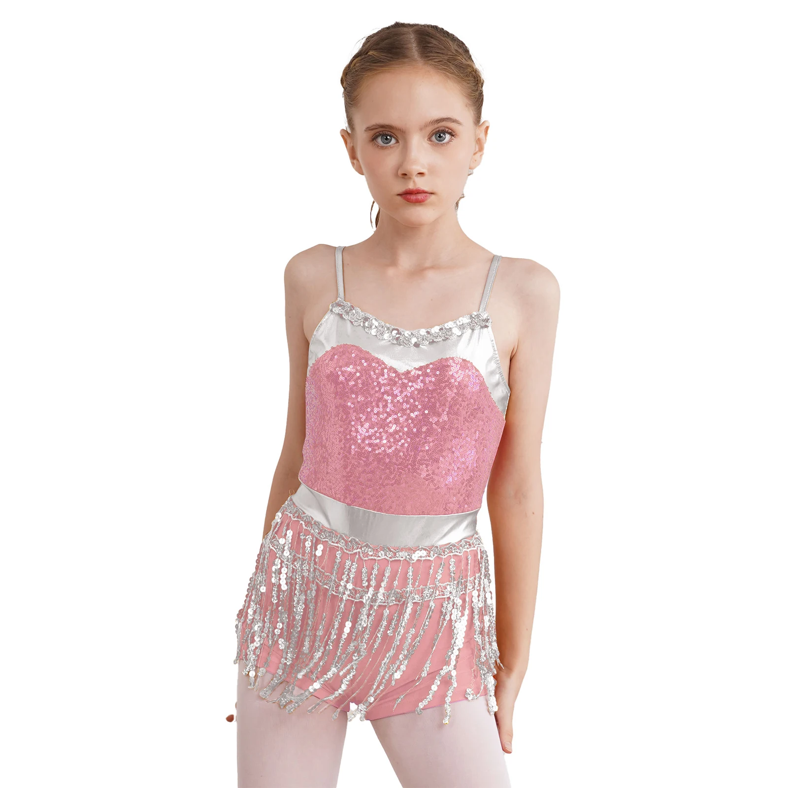 Kids Girls Latin Dance Fringe Dress Shiny Sequined Leotard Bodysuit Skirted Jazz Samba Tango Dancing Performance Party Costumes