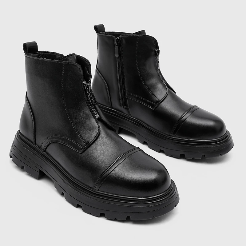 Men Retro Thick-soled Double-zip Ankle Boots Black Anti-slip Water-resistant Fashionable Street Motorcycle Shoes Daily Wear Boot