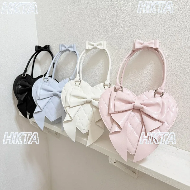 Original Lolita Handbag Women Sweet Bow Large Heart Bag Fashion Girl Lolita Princess Beautiful Bow Heart Leather Shoulder Bag