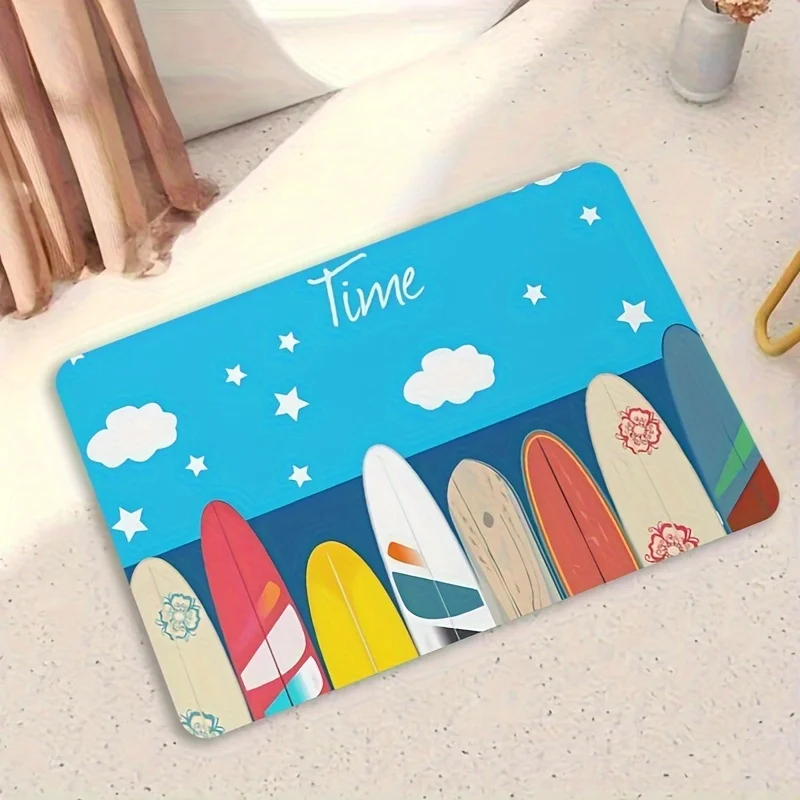 Surfboard Doormat – Blue Sky with Clouds 6 Colorful Boards, “Time” Text, Flannel Non-Slip, Machine Washable, Entryway Bathroom