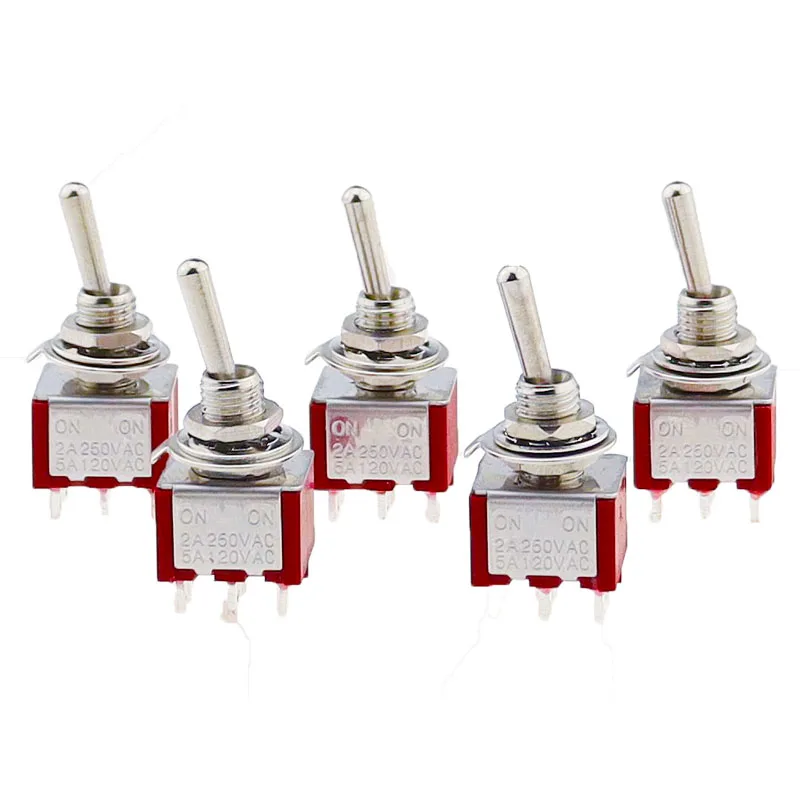 5Pcs Miniature Toggle Switch Single Pole Double Throw ON-OFF-ON /ON-ON 120VAC 6A 1/4 Inch Mounting MTS-102 103 202 203