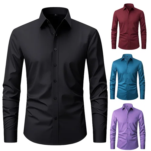 Imagen 2 del producto Nuevas camisas básicas de negocios cómodas de alta elasticidad para hombres de manga larga ajustadas informales sólidas vestido Formal Social camisas lisas
