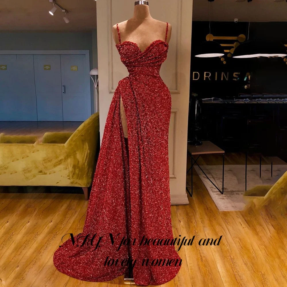 

NFYN Glitter Red Evening Dress Spaghetti Strap Night Dress for Women Shiny Sequin Sweetheart Formal Dress with Split Customized