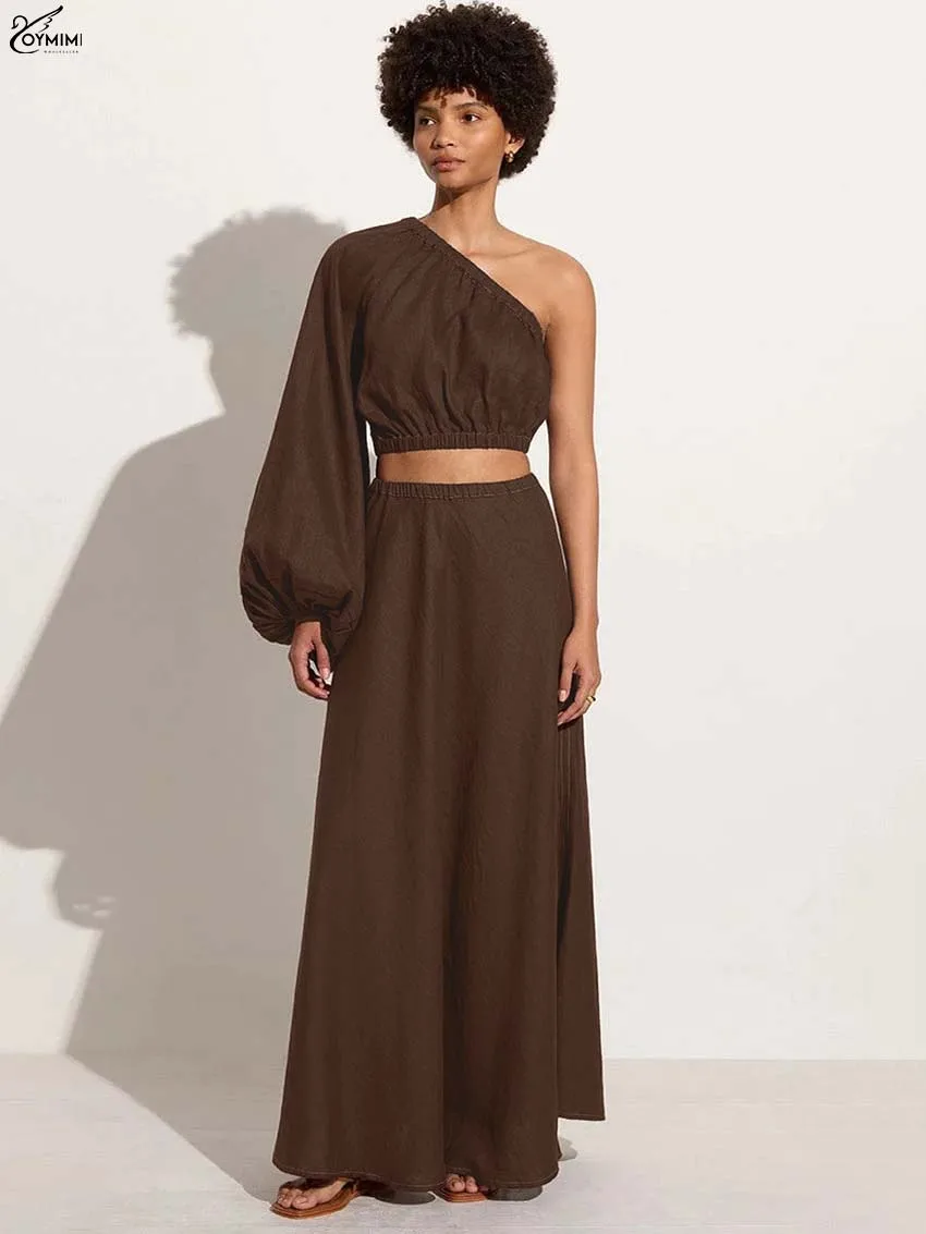 

Oymimi Fashion Brown Cotton 2 Pieces Set For Woman Elegant One-Shoulder Puff Sleeve Crop Tops And High Waist Simple Skirts Sets