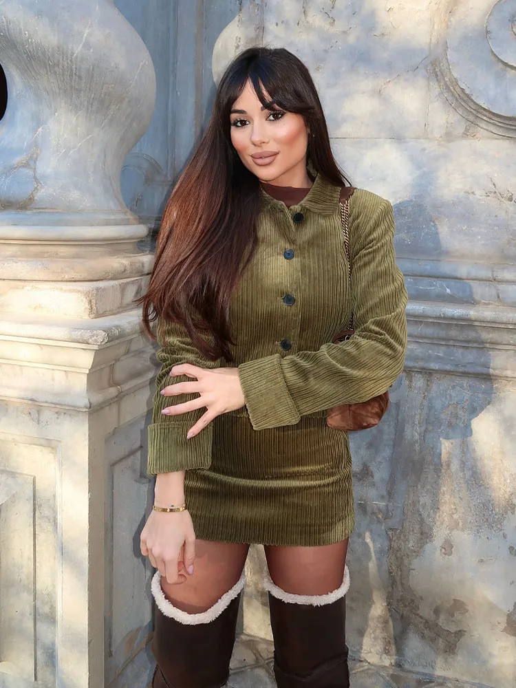 HH Women Fashion Lapel Single-Breasted Button Long Sleeve Corduroy Solid Coat+High Waist Zipper Mini Skirts 2 Piece Set