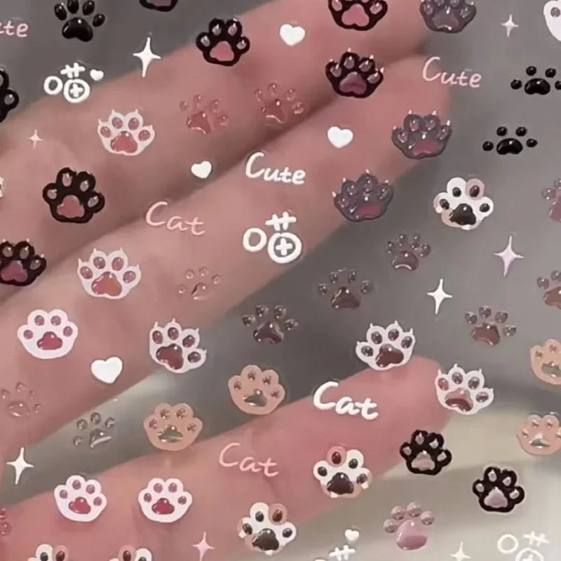 Cute Jelly Pink Cat Paw Print 5D Embossed Nail Art Sticker - Adorable Kitty & Puppy Cartoon Self-Adhesive 3D Manicure Decals