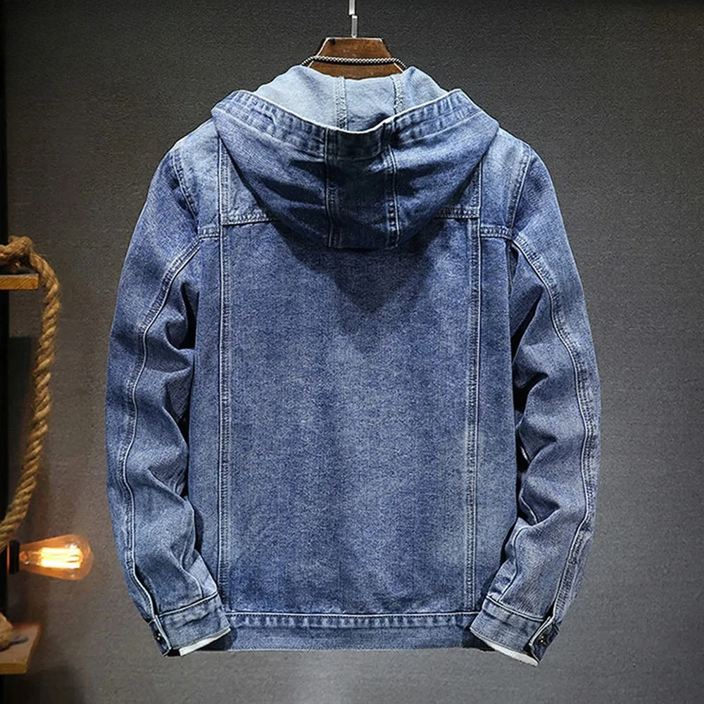 Ladiguard Plus Size Men Hooded Denim Jackets Men Long Sleeves Multi-pockets Jean Outerwear Sexy Mens Vintage Basic Jeans Jacket