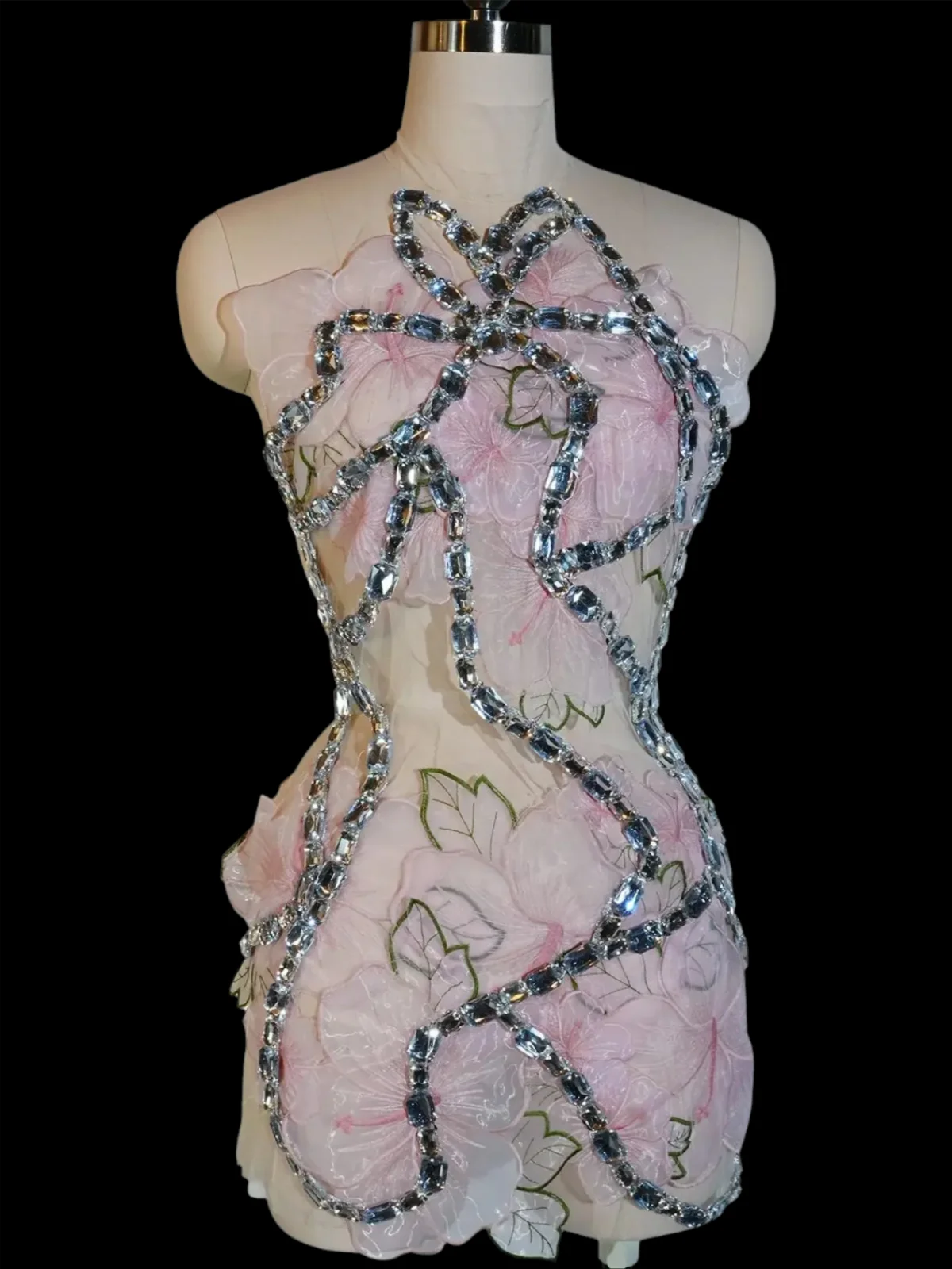 반짝이는 스팽글 핑크 숏 스커트 플로럴 드레스 섹시한 홀터 드레스 공연 파티 생일 무대 고고 퀸