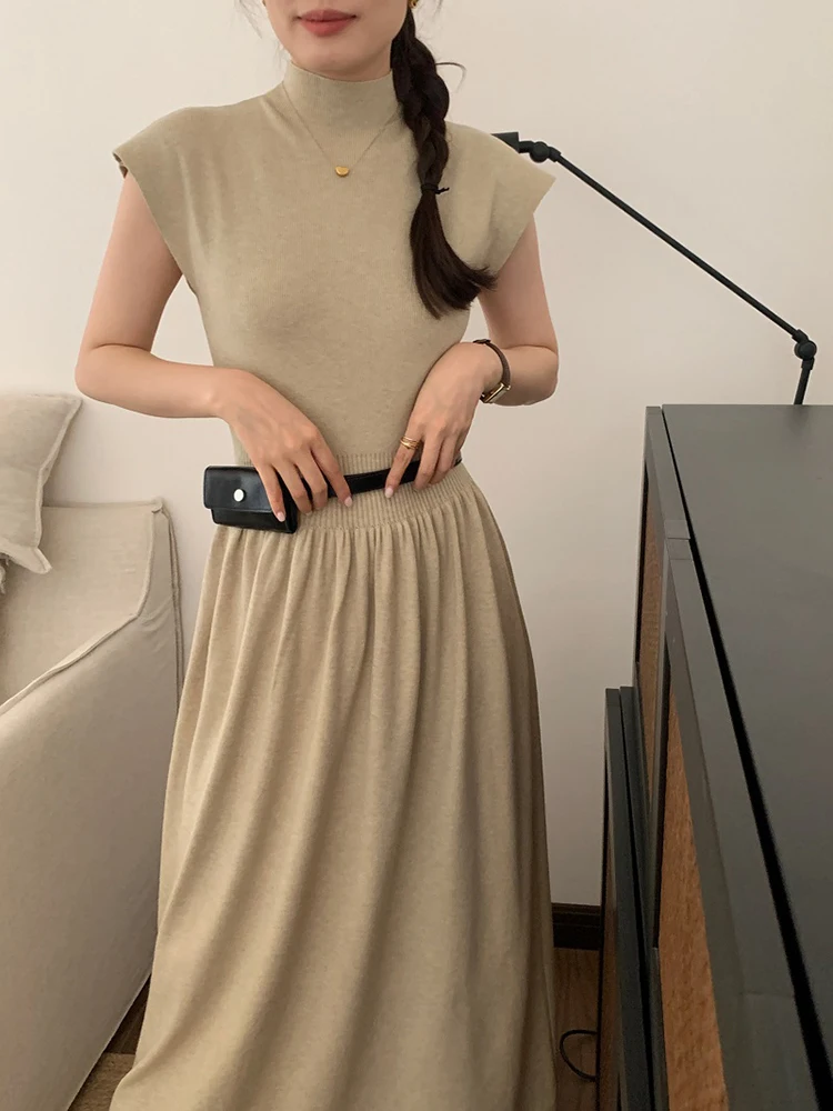 

QOERLIN High Fashion Turtleneck Sleeveless Long Maxi Dress Women Tank High Slim Waist Evening Party Dress Female Khaki Dresses