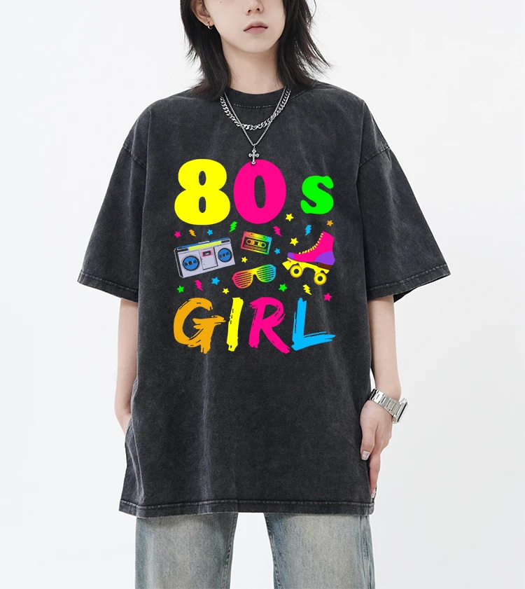 

80 S Girl Colorful Printing Snow Wash T-Shirt Womens Sport Cool Short Sleeve Unisex Cotton Retro Tops Casual Loose Sportswear