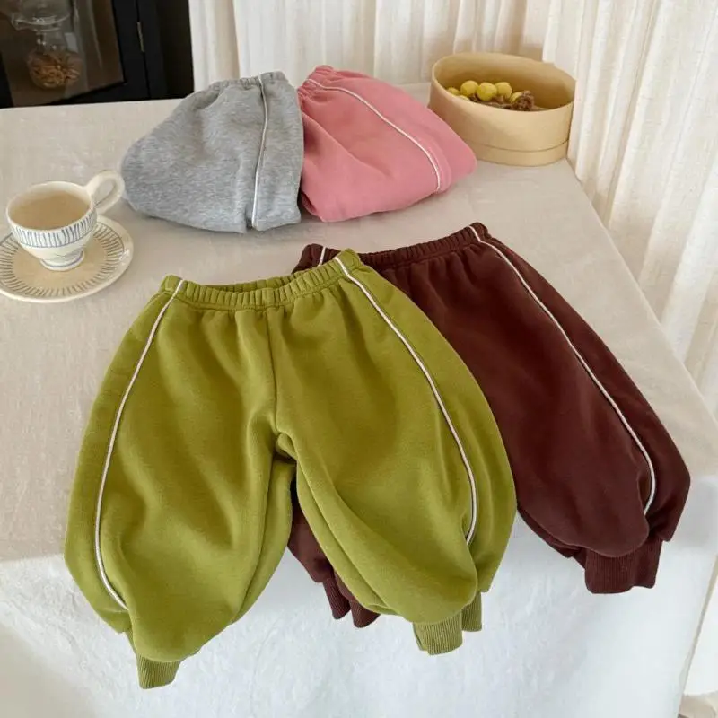 

2025 Winter New Children Casual Pants Plus Velvet Thick Girls Fleece Sweat Pants Solid Kids Boys Warm Trousers Baby Clothes