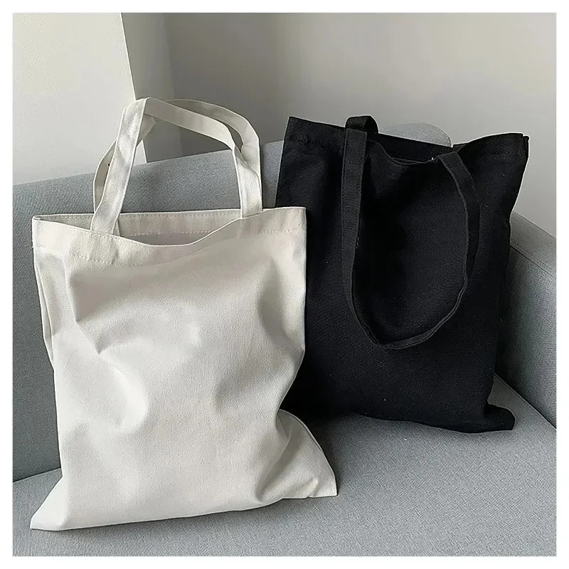 Large Capacity Black White Canvas Shoulder Tote Bag Folding Eco Cotton Handbag Reusable DIY Shoulder Bag Shopping Bag