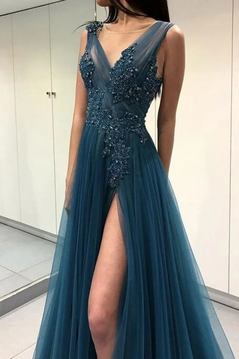 Tulle Double V-neck Prom Dresses A-line Backless High Slit Sleeveless Graduation Dress Appliques Sequins Long Evening Gowns