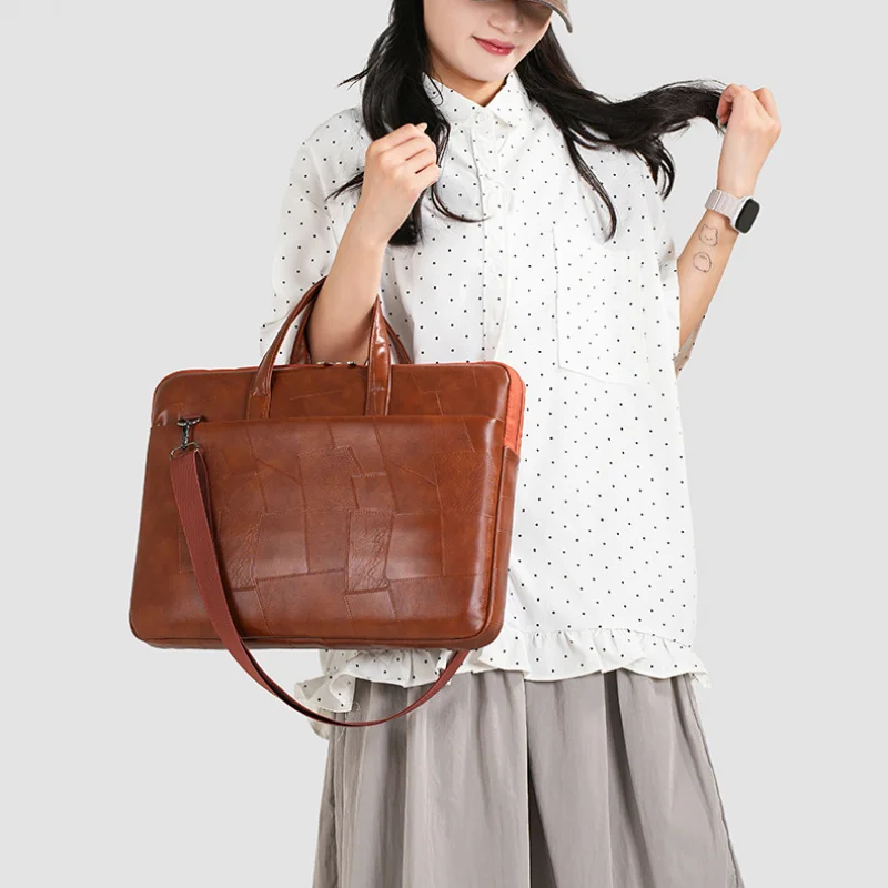Fashion Patchwork Leather Laptop Briefcase, Handheld Crossbody Shoulder Notebook Bag Compatible with 13-16 Inch Laptops