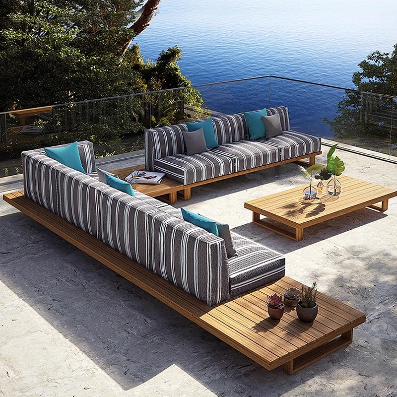 ！@2025 New  Wood Grain Aluminium High-Grade Teak Outdoor Furniture Set Modern Style Garden Sofa Chair Combination for Villas