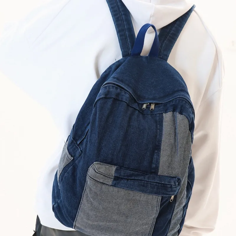 Bolsa de ombro feminina com emenda de cores contrastantes, mochila jeans, simples e casual, nova moda artística, 2024