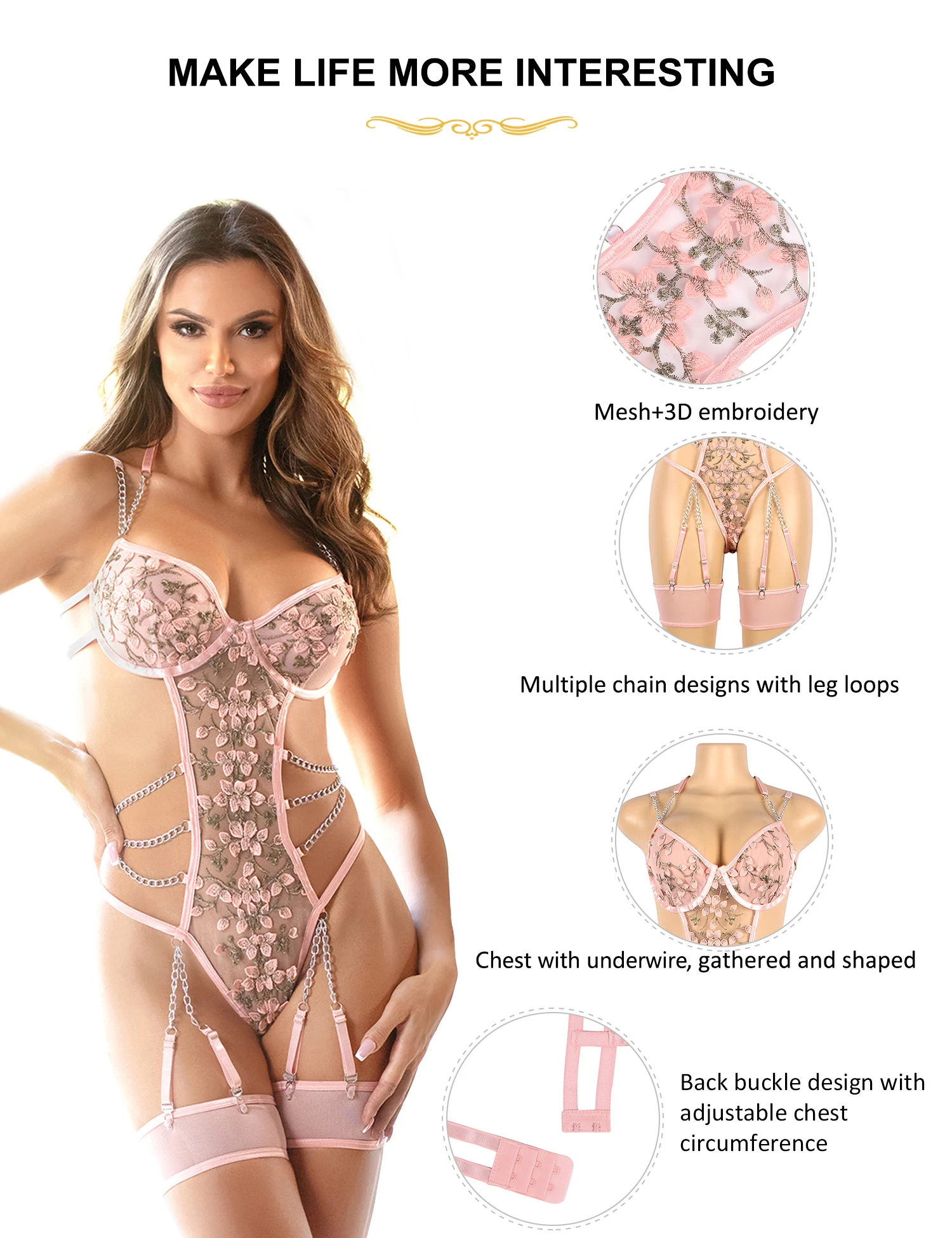 Comeonlover Tight-fitting One-piece Top Lace Embroidery Halter Teddy Lingerie Pink Sexy Bodycon Fashion Bodisuit For Woman Prom