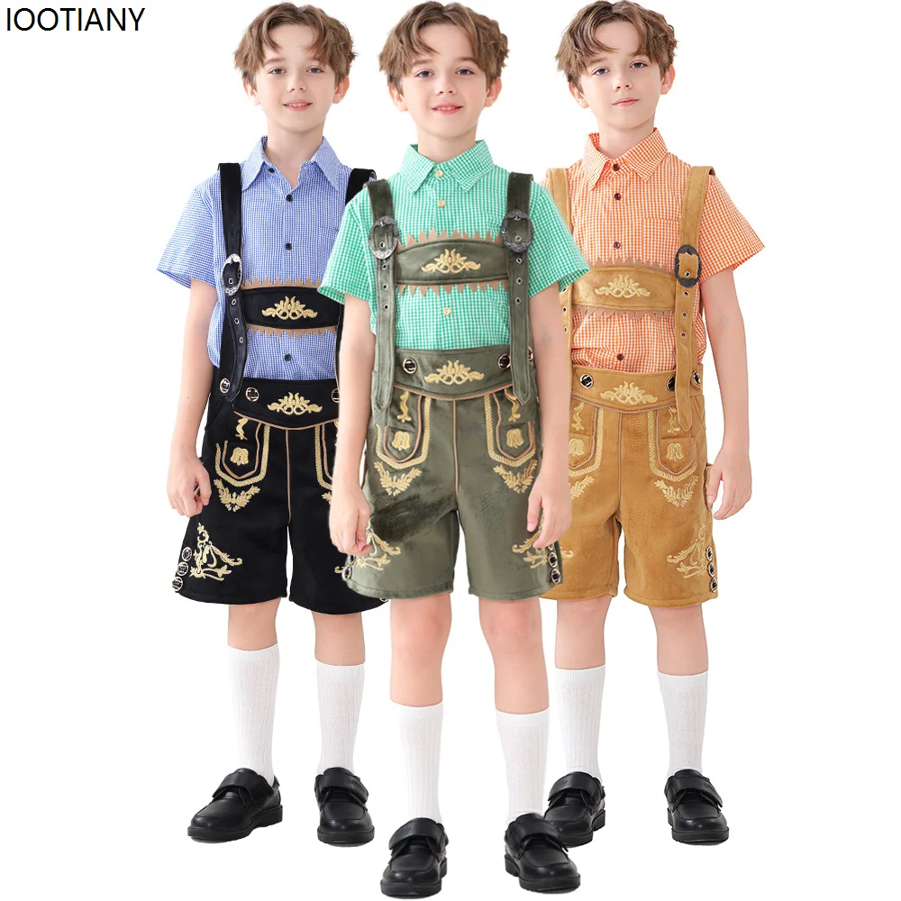 Boys German Munich Oktoberfest Overalls Plaid Shirt Bavarian Traditional Pub Beer Kids Cosplay Costumes Carnival Party Dress Up