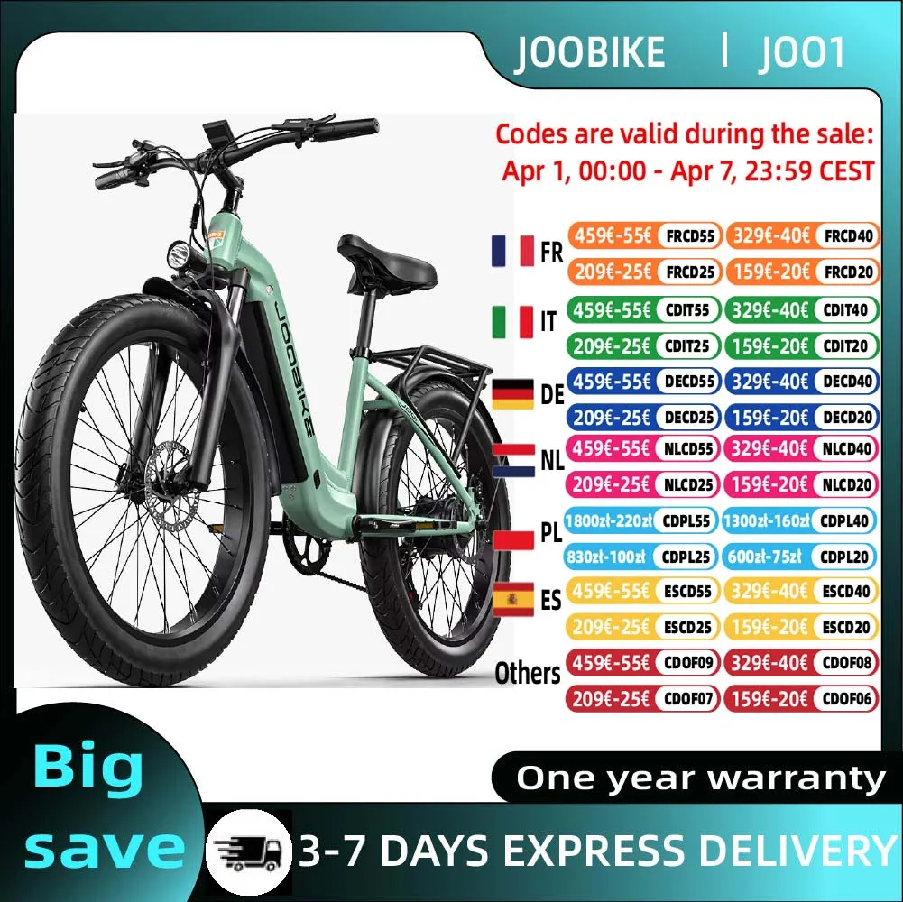 Vélo électrique JOOBIKE JOO1 pour adultes, vélo électrique tout-terrain pour hommes, 1000W, batterie 48V17.5AH, pneus 26 pouces