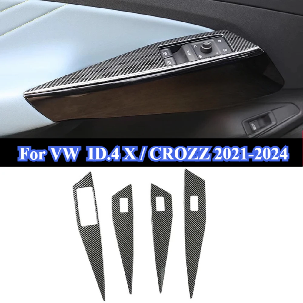 For VW ID.4 X ID4CROZZ 2021-2024 Car Window Glass Lift Cover Trim 4PCS Carbon Fibre Window Switch Button Panel Frame Accessories