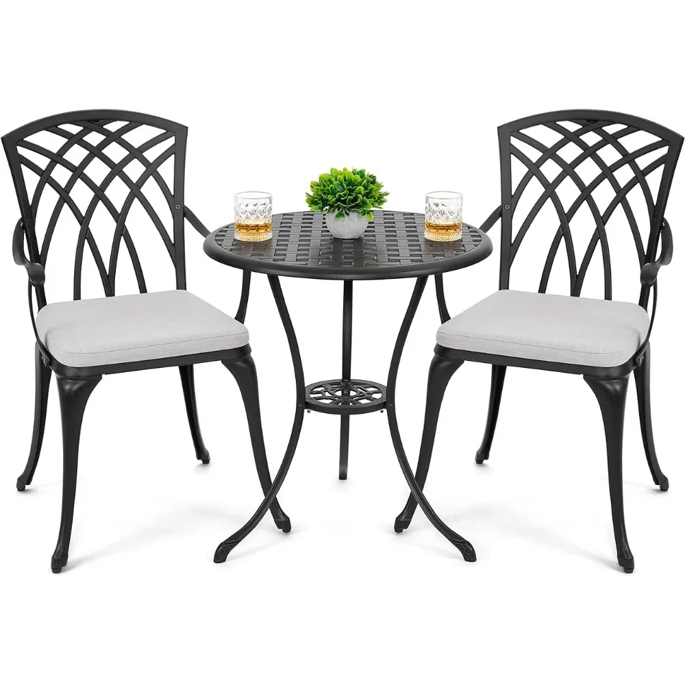 

3 Piece Bistro Table Set Cast Aluminum Outdoor Patio Furniture With Umbrella Hole and Grey Cushions for Patio Balcony Camping