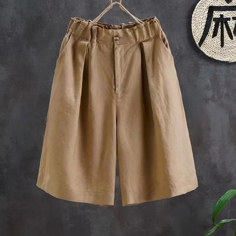 Cotton Linen Khaki Shorts for Women Summer Fashion Elastic Waist Solid Color Simple Basic Loose Casual Daily Half Length Pants
