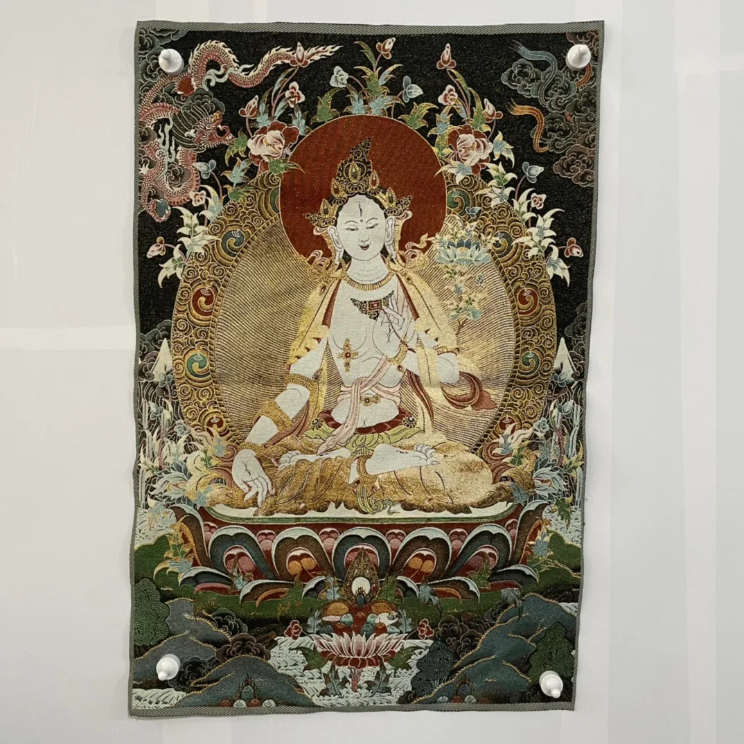 35“Thangka Embroidery Tibetan Buddhism Silk Embroidery Brocade Nepal White Tara Sitting Buddha Seven Eyes Thangkas Wall Hanging