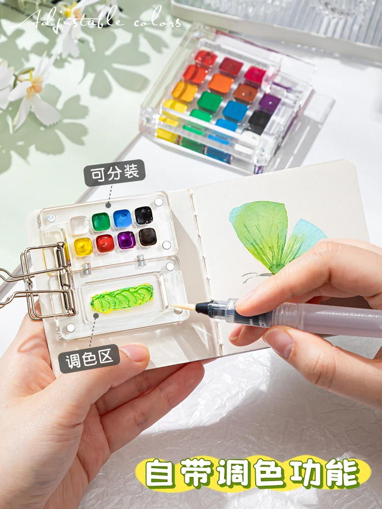 Mini watercolor paint box, acrylic box, easy to carry, hand in hand with account book, sketching, traveling, painting book, colo